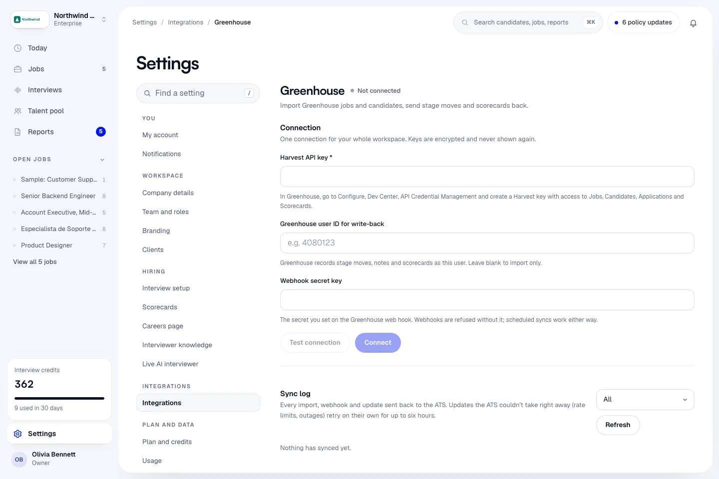 The Greenhouse connection page in Infyva with the connection details, the jobs list and the sync log