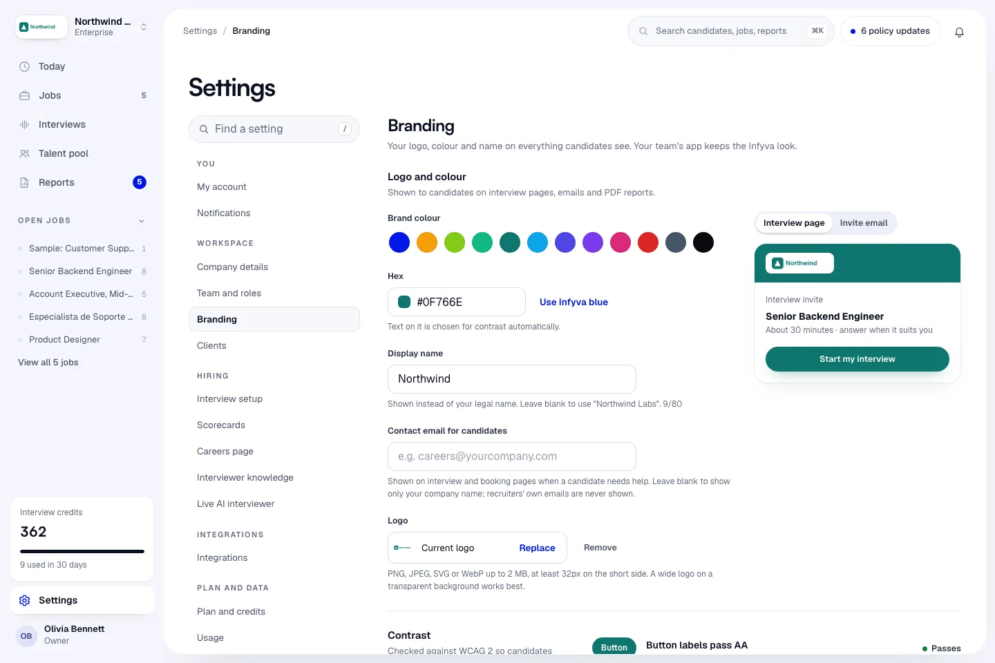 The Branding settings page with the brand colour, display name, logo and a live preview of the candidate invite