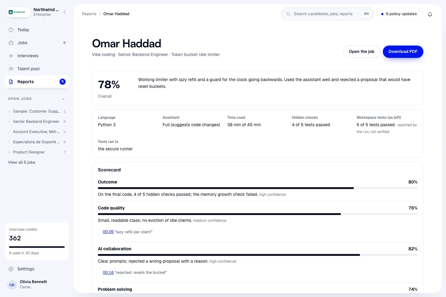 A Vibe coding report with the overall score, the facts row, the scorecard and the hidden check results.