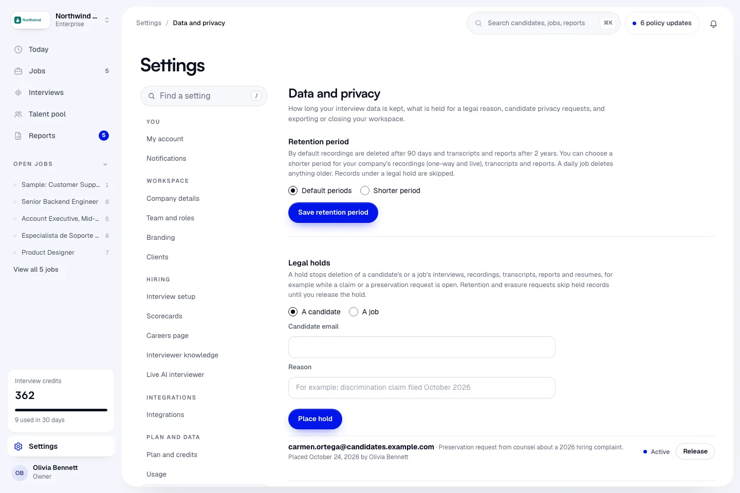 The Data and privacy settings page with retention, legal holds, candidate privacy requests, export and workspace closure