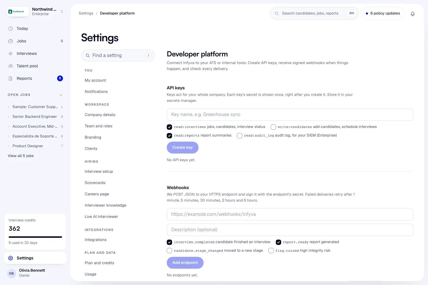 The Developer platform page with the Webhooks section, an endpoint and the delivery log