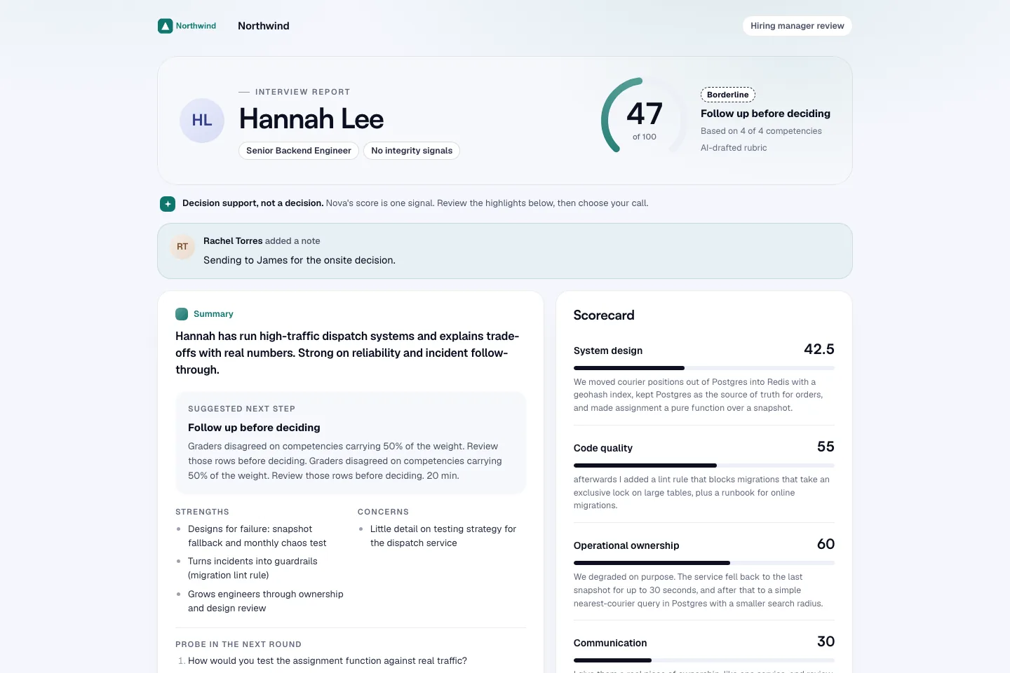 The hiring manager review page with the score, summary and the Advance, Send back and Reject options