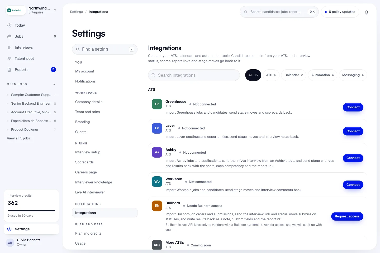 The Integrations page with ATS, Calendar, Automation and Messaging groups