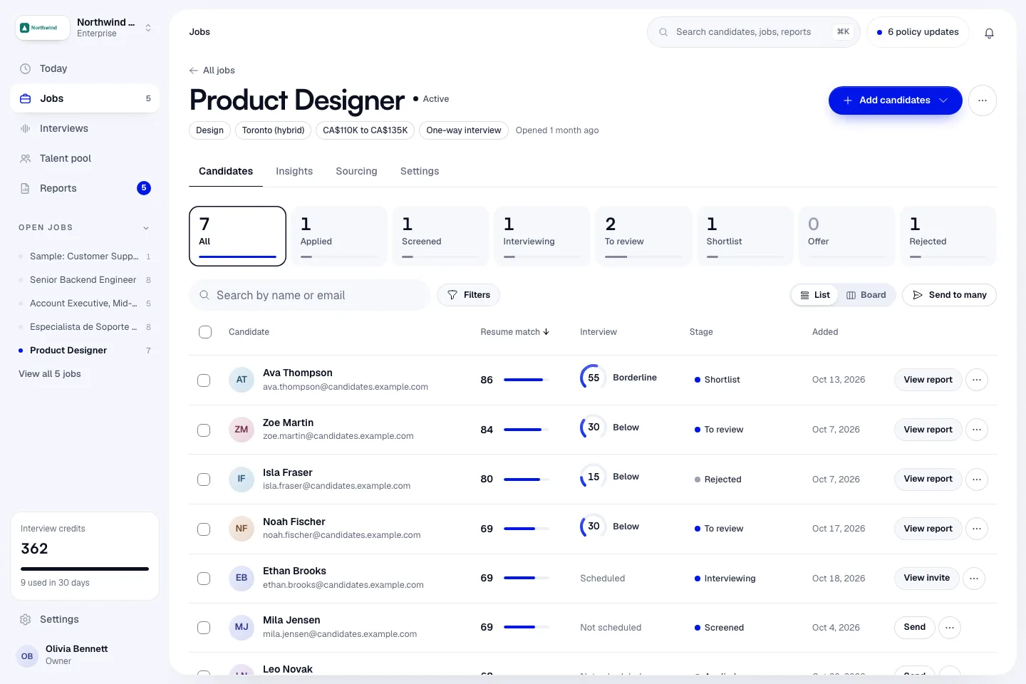 A job's Candidates tab with the stage flow and the candidate list