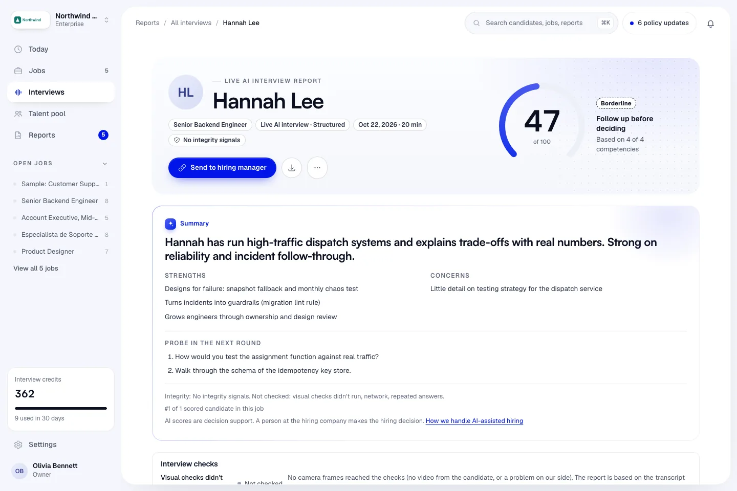 A Live AI report with the recording, transcript and interview checks