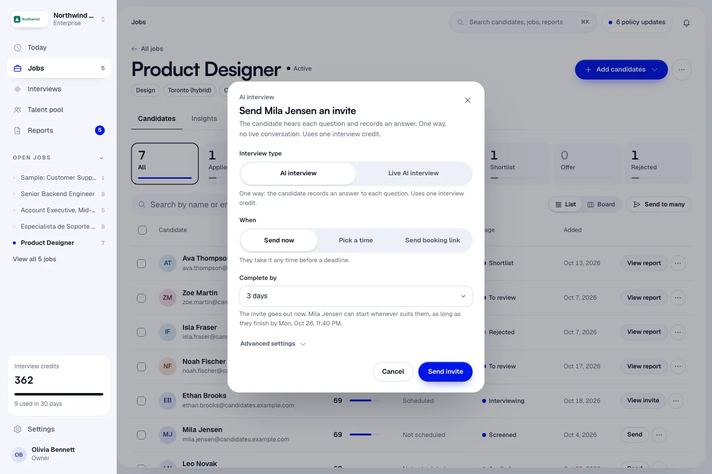The Send invite dialog with the When options Send now, Pick a time and Send booking link.