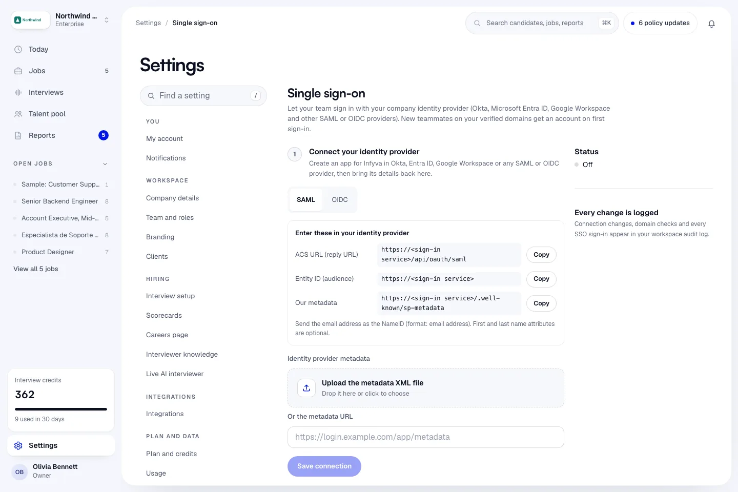 The Single sign-on settings page in Infyva, showing the three steps and the values to copy into an identity provider